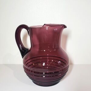 Vintage Art Deco Hand-blown Glass Pitcher Amethyst Purple Horizontal Ribbing